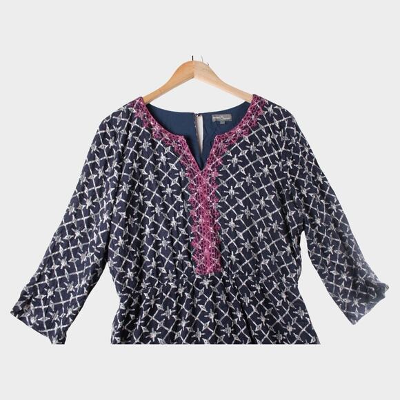 Market & Spruce Kaye Dress Lined Size L Sequin Print Embroidered Collar and Hem - Picture 3 of 7